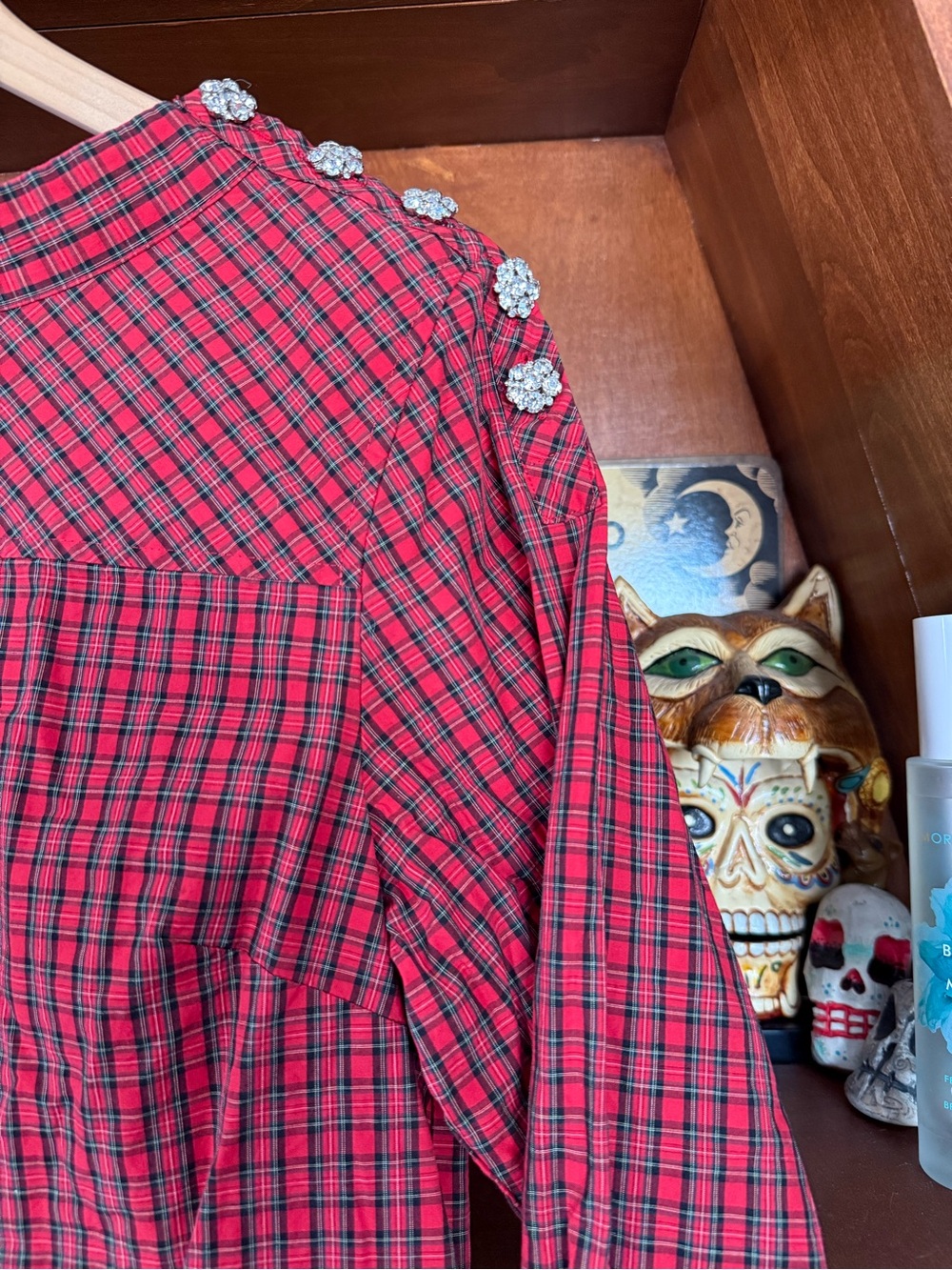 J. Crew - Red Plaid Blouse with Jeweled Shoulder Accents - Women’s 8